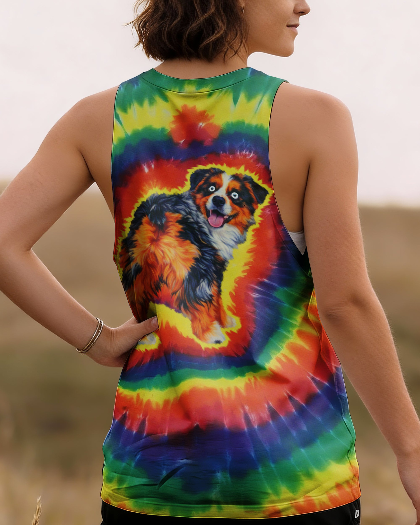 Dog Australian Shepherd Colorful Swirl Tank Top Vibrant Psychedelic Art Gift For Daughter