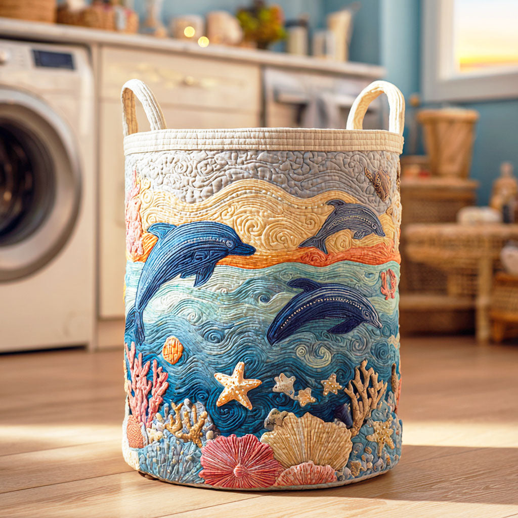 Dolphin Tide Dance Quilted Laundry Basket High-Quality Quilted Laundry Hamper for Family Use