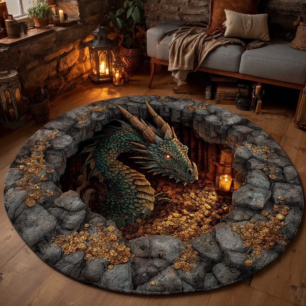 Dragon Cavern Keeper Quilted Round Mat Unique Magical Dragon Circle Mat Home Decoration