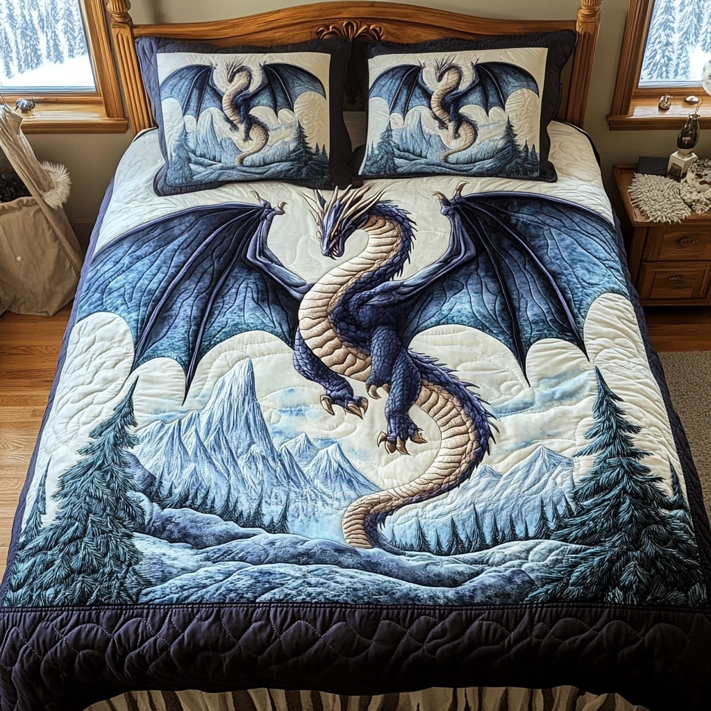Dragon Crest Quilted Bedding Set Fantasy Bedroom Decor Unique Home Gift For Dragon Lovers