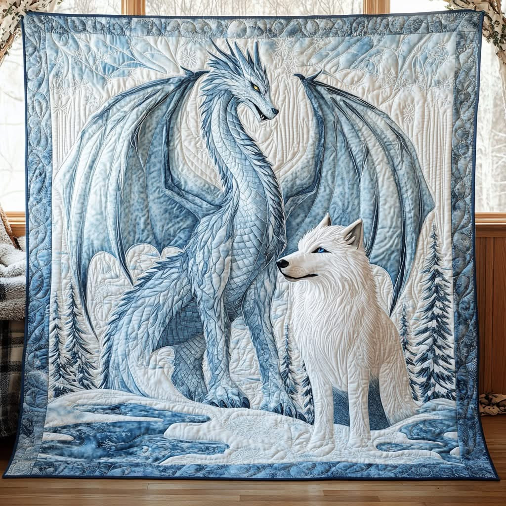 Dragon Wolf Moon Spirit Quilted Blanket Snowy Forest Throw Blanket Gifts For Fantasy Lovers
