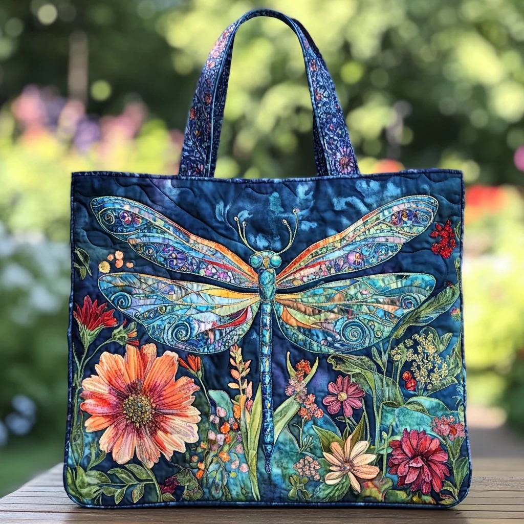Dragonfly Garden Floral Quilted Tote Bag Nature Lover Boho Botanical Colorful Outdoor Gift For Mother