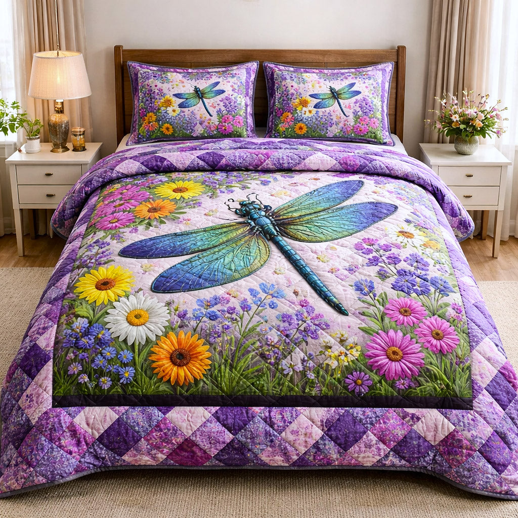 Dragonfly Glow Quilted Bedding Set Boho Nature Bedroom Decor Gift For Dragonfly Lovers