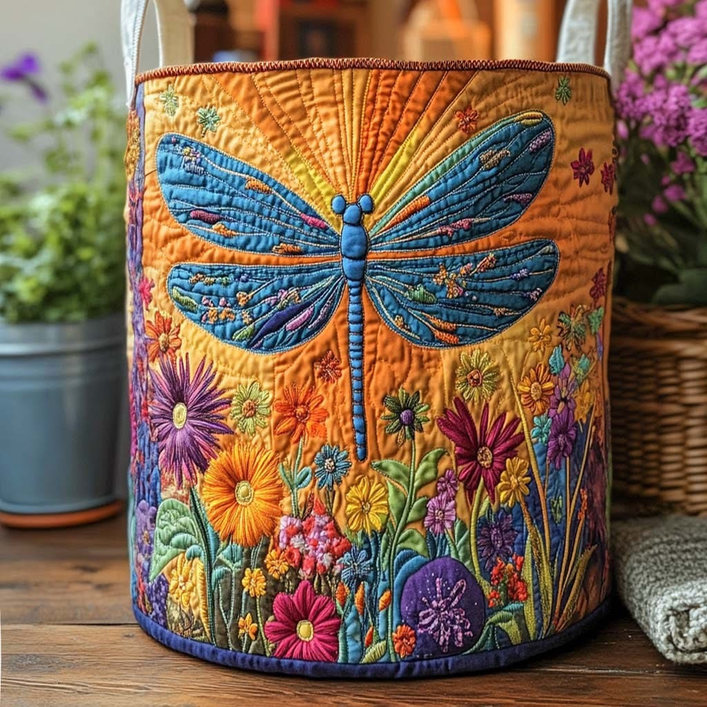 Dragonfly Vibrant Meadow Glow Quilted Laundry Basket Best Laundry Basket Dragonfly Gift Items