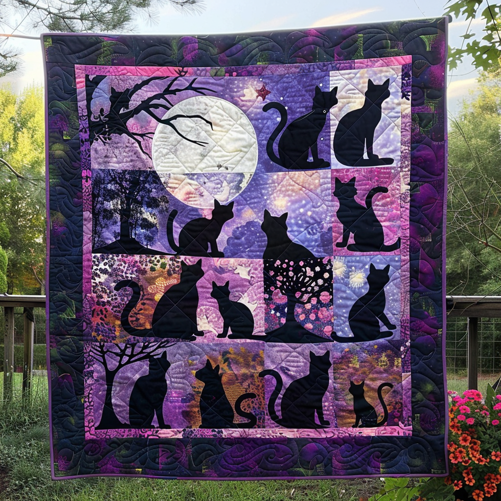 Dreamy Night Black Cats Quilted Blanket King Comforter Sets Great Cat Gifts