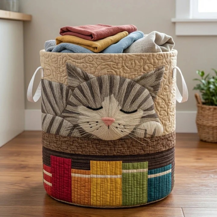 Dreamy Tabby Cat Quilted Laundry Basket Bookworm Home Decor Best Gift For Cat Lovers And Readers