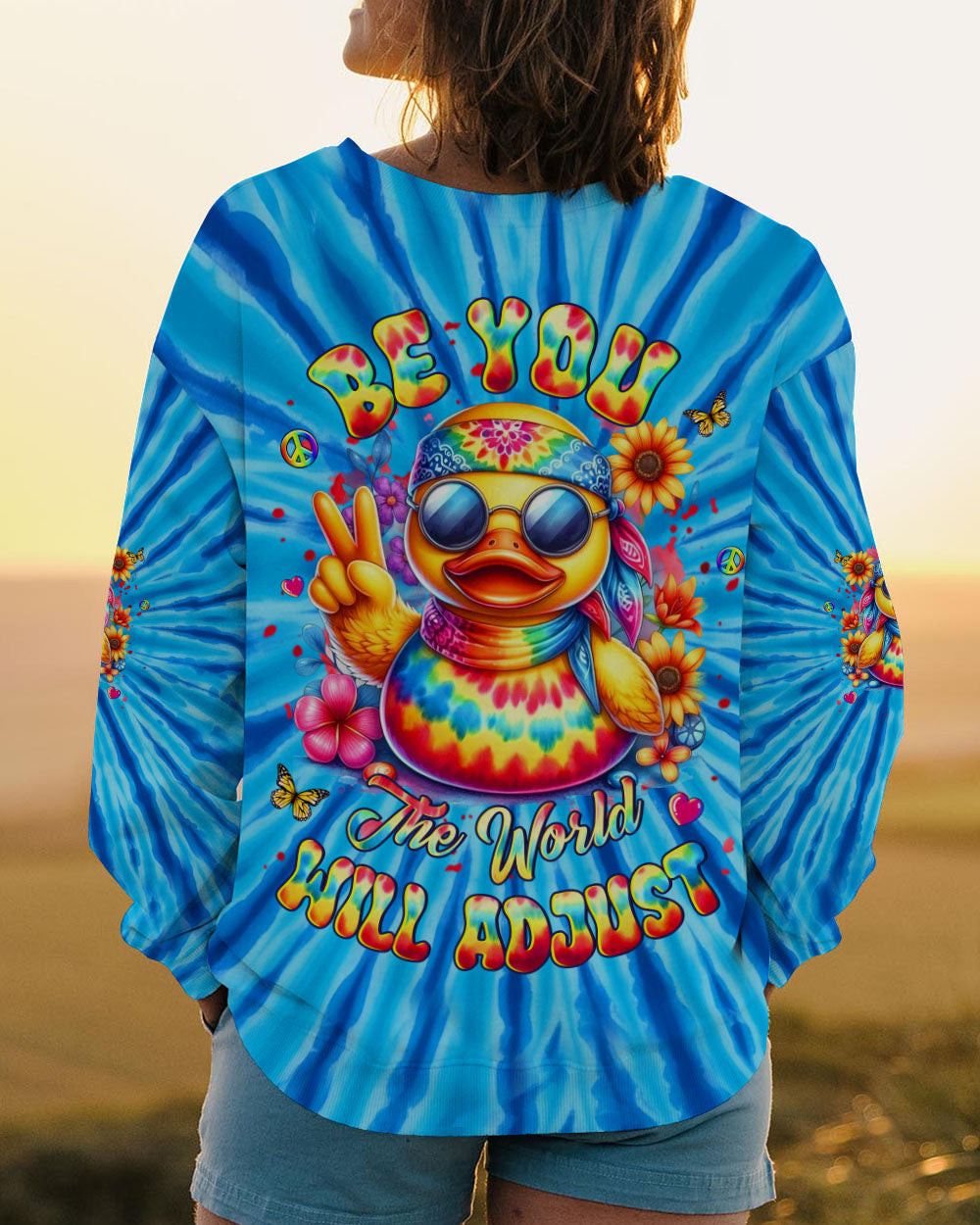 Duck Be You The World Will Adjust Long Sleeve Shirt Colorful Tie Dye Duck With Peace Sign Gift Ideas