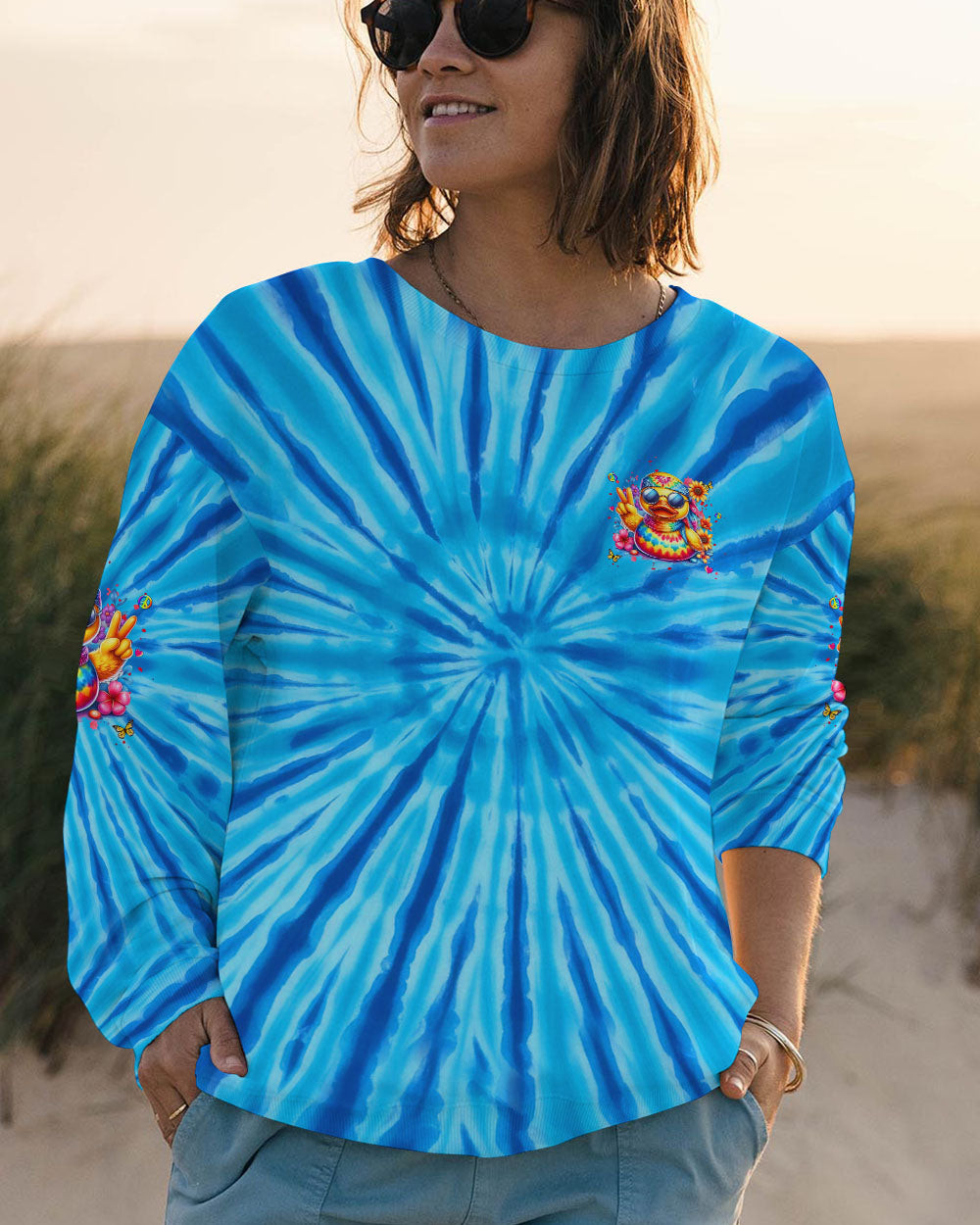 Duck Be You The World Will Adjust Long Sleeve Shirt Colorful Tie Dye Duck With Peace Sign Gift Ideas - Image 2
