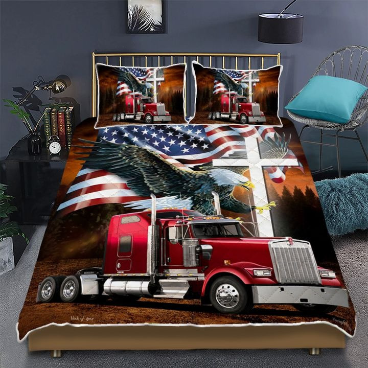 Eagle God Bless Trucker Quilt Bedding Set USA Flag Bedspread Set Gifts For Truck Drivers