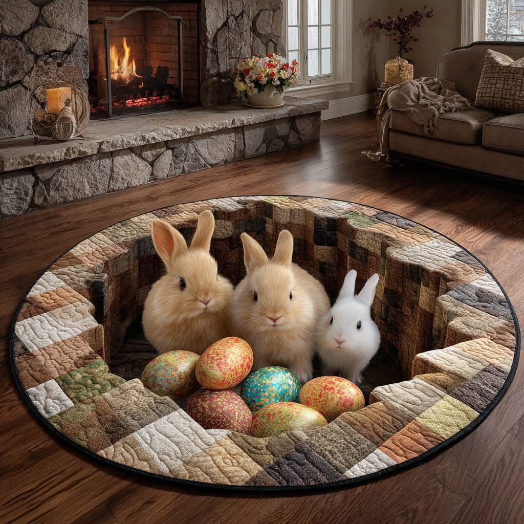 Easter Bunny Burrow Quilted Round Mat Cute Animal Circle Rug Living Home Decor For Easter