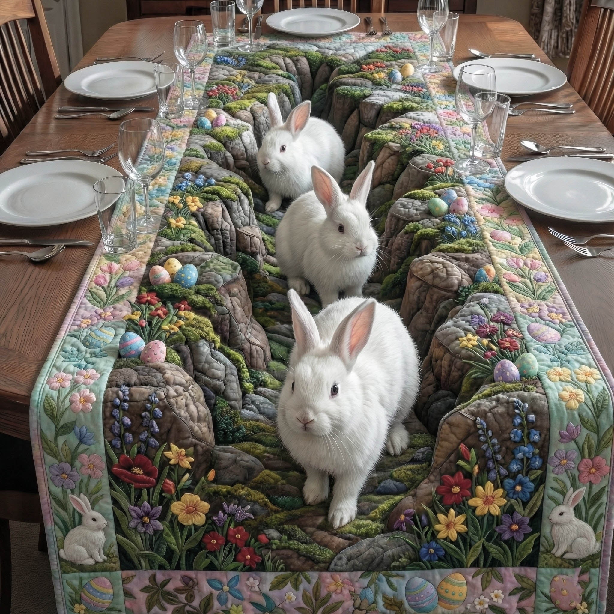 Easter Bunny Quilted Table Runner Rustic Kitchen Dining Decor Gift For Cozy Family Home