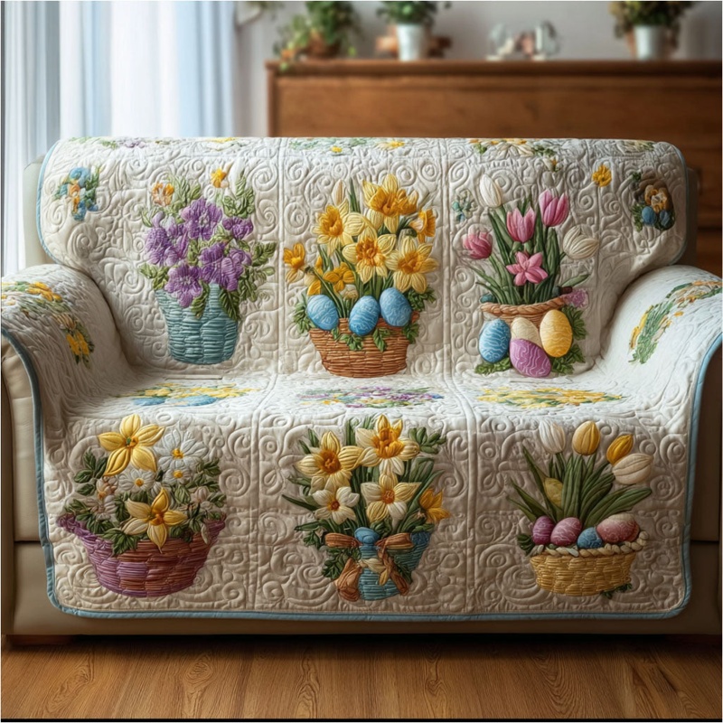 Easter Egg Medley Quilted Sofa Cover Spring Furniture Decor Gift For Easter Lovers
