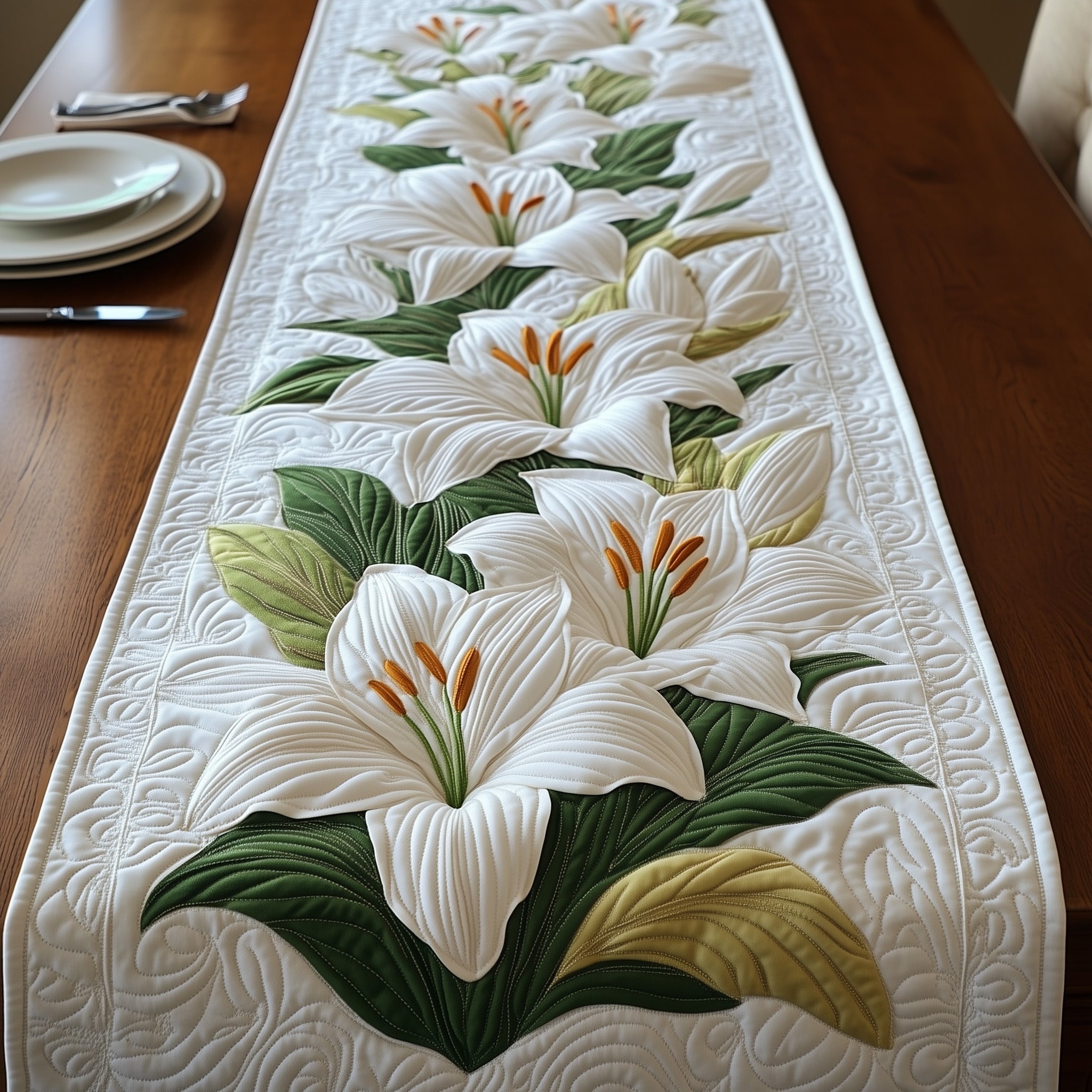 Easter Lily Blessings Quilted Table Runner Charming Farmhouse Accent Gift For Dining Room Table