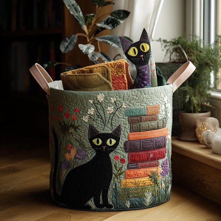 Eclipse Cat Quilted Laundry Basket Celestial Moon Cat Boho Home Storage Best Gift For Cat Lovers