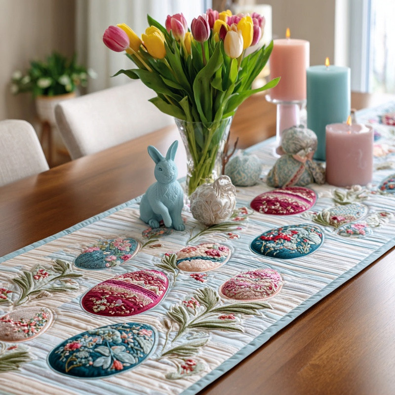 Egg Parade Quilted Table Runner Easter Festive Table Decor Gift For Easter Lovers