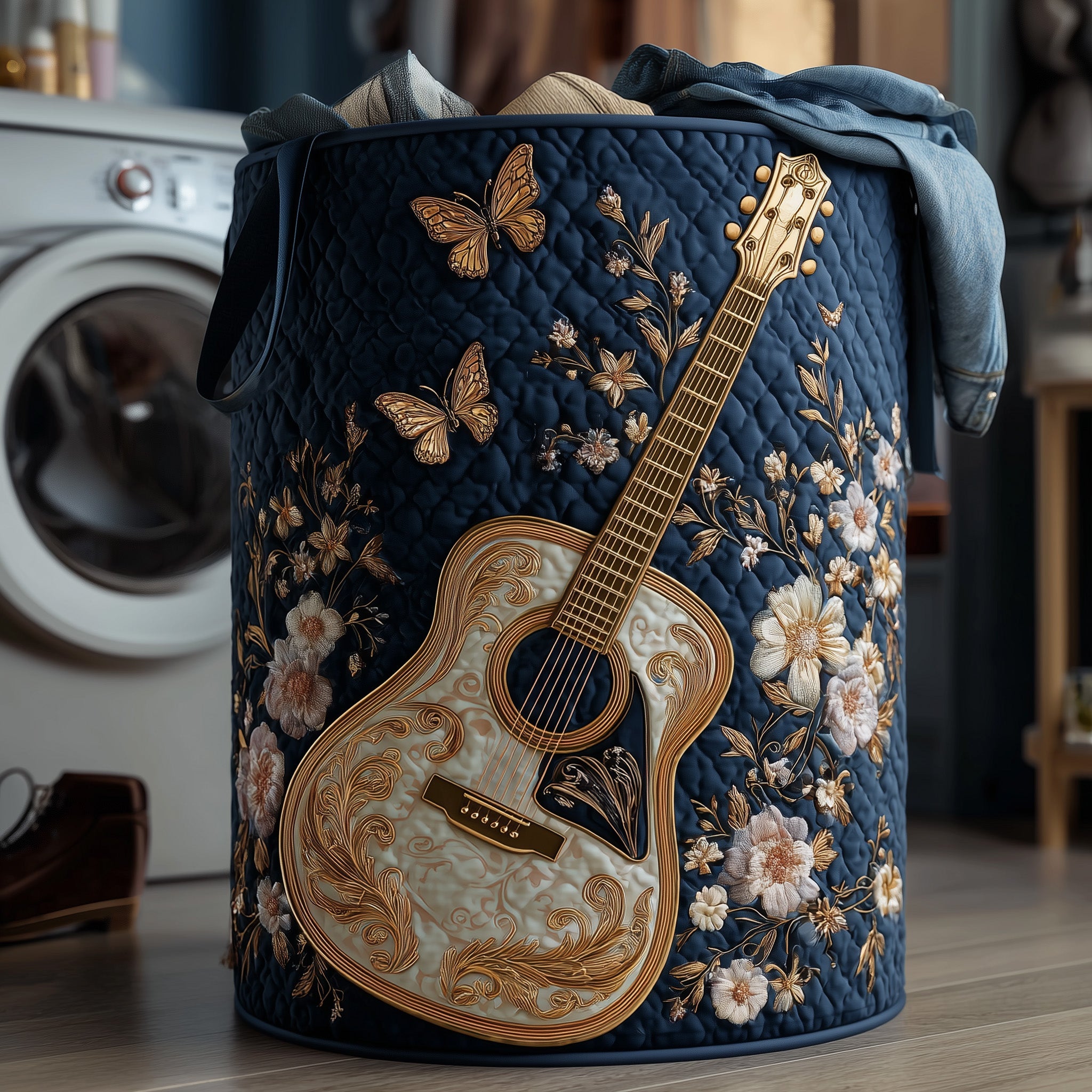 Elegant Guitar Quilted Laundry Basket Adorable Guitar Theme Unique Gift For Guitarists