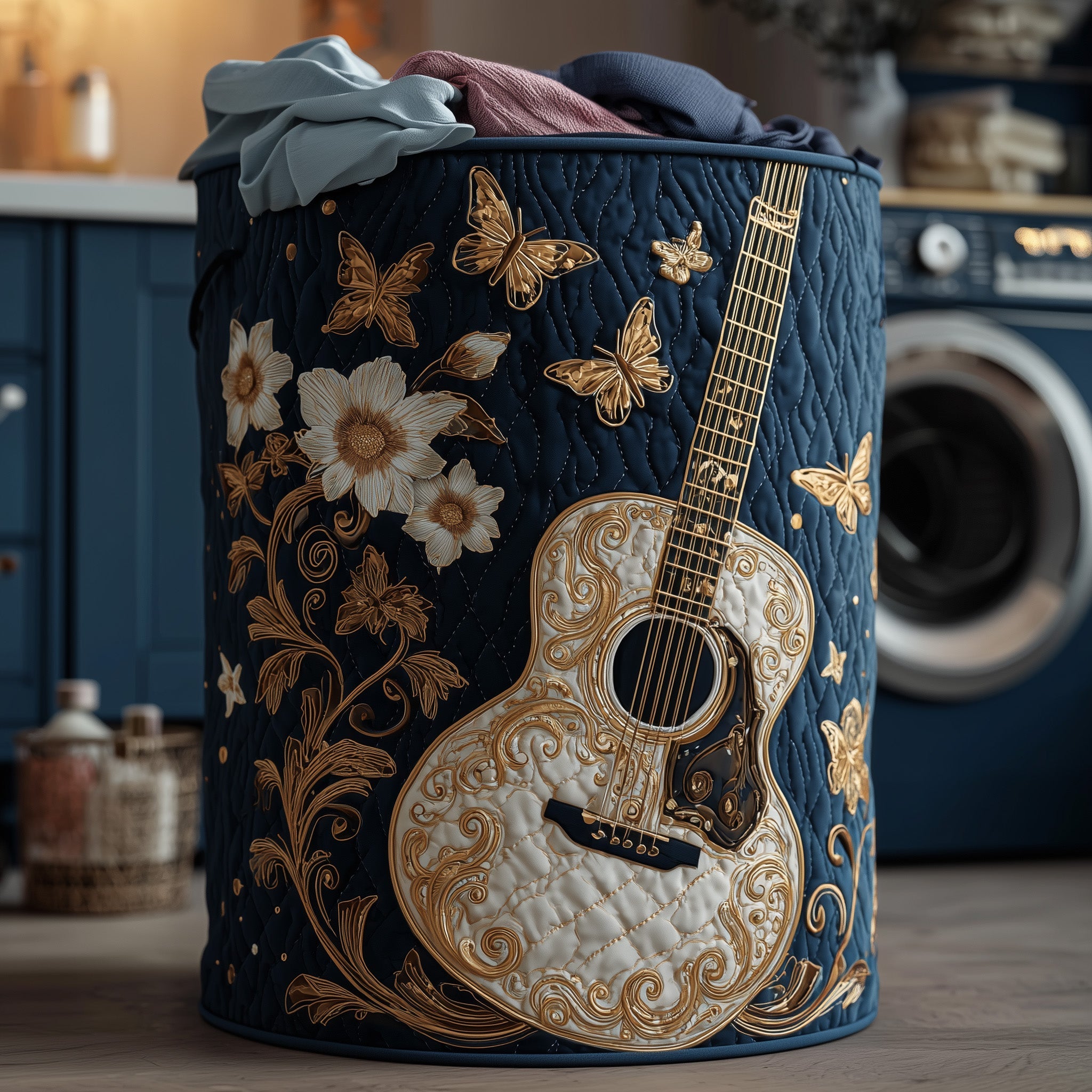 Elegant Guitar Quilted Laundry Basket Wonderful Present For Unique Guitarists