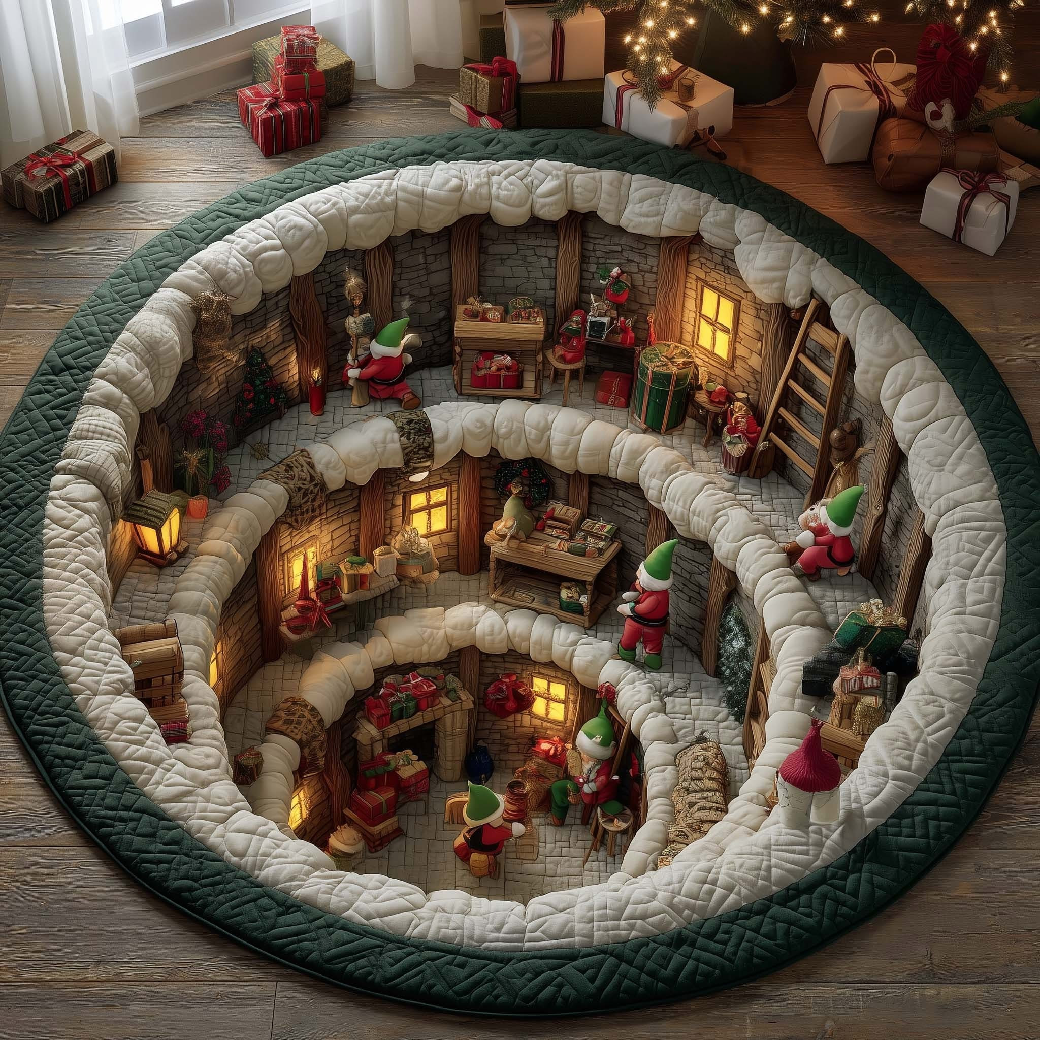 Elves Working Quilted Round Mat Awesome Christmas House Decoration Gift For Elf Lovers