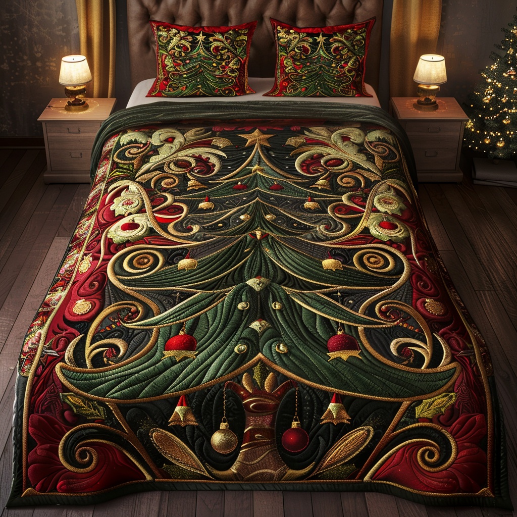 Enchanted Fir Quilted Bedding Set Christmas Forest Bedroom Decor Holiday Gift Ideas