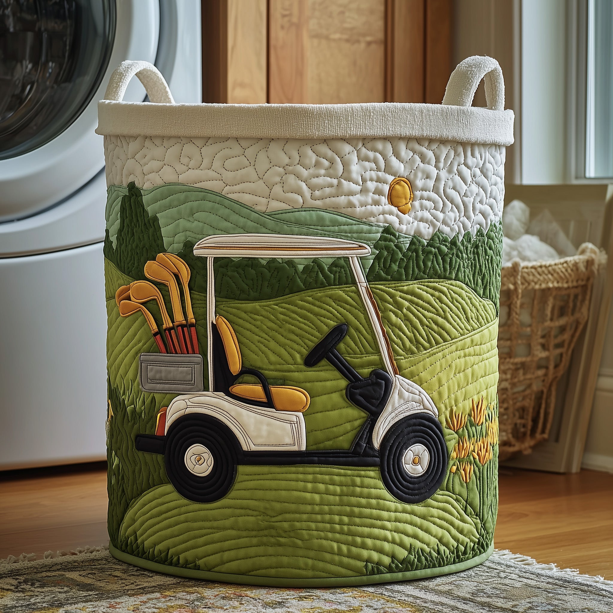 Fairway Dreams Quilted Laundry Basket Stylish Fabric Clothes Hamper Gift For Father