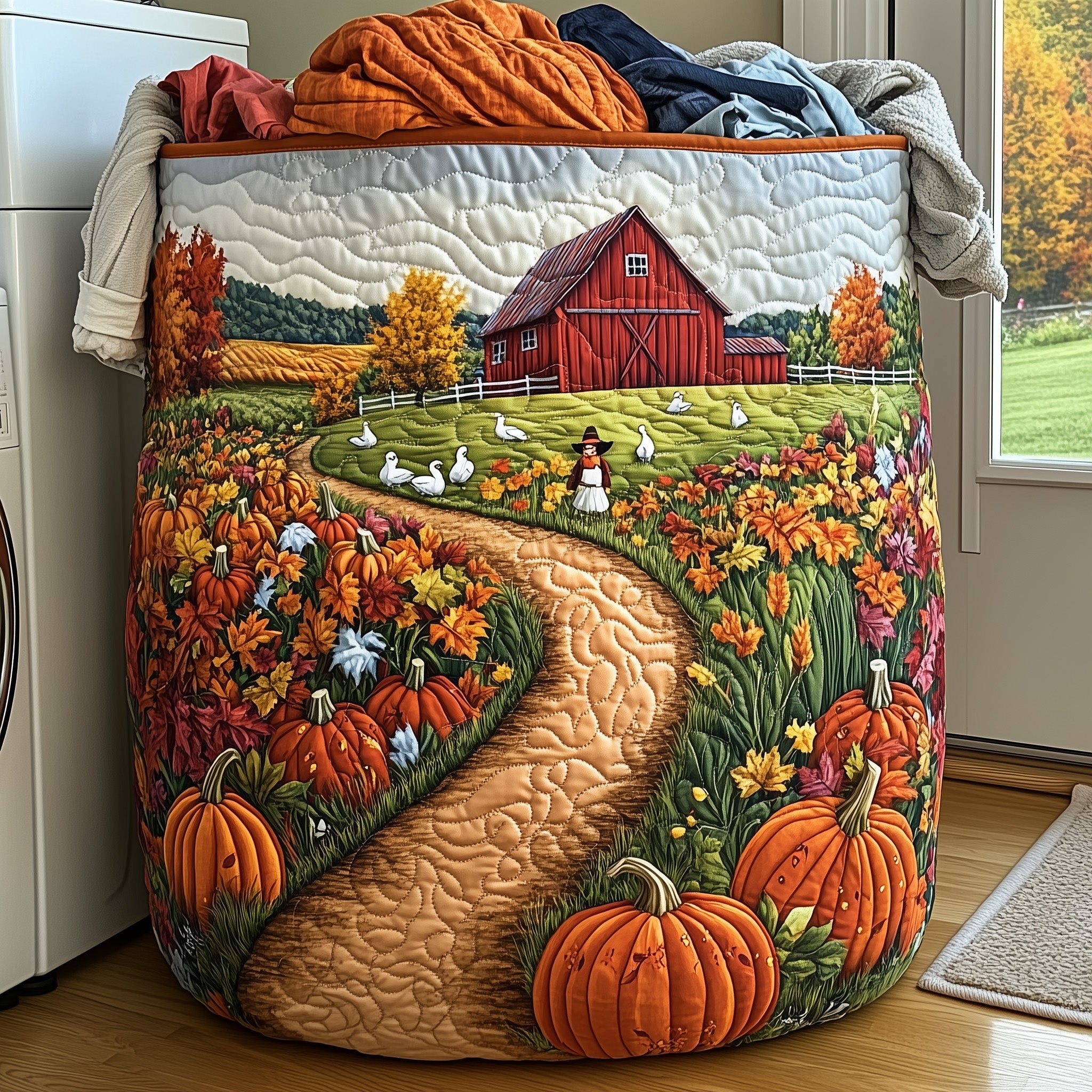 Fall At The Farm Quilted Laundry Basket Fall Themed Fabric Clothes Hamper Gift For Mom