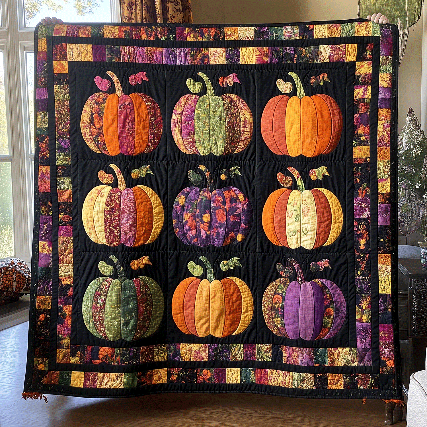 Fall Pumpkin Quilted Blanket Bed Room Art Halloween Gift Ideas For Adults