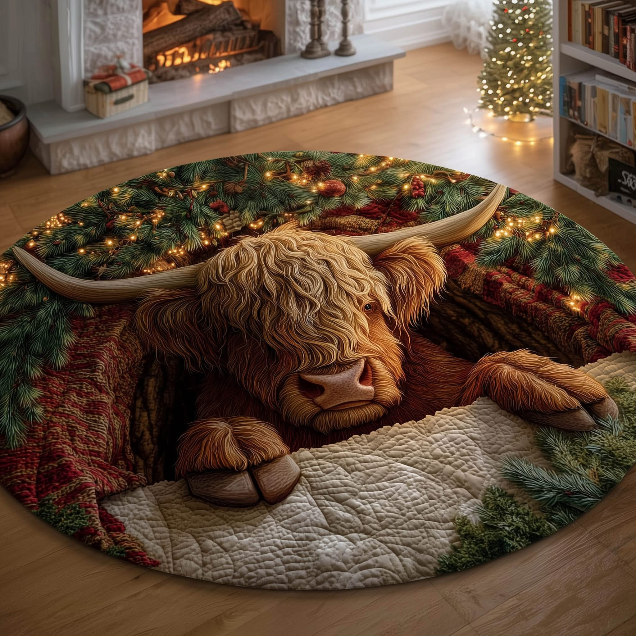 Farmstead Highland Cow Christmas Quilted Round Mat Floor Decorations Highland Cattle Merch