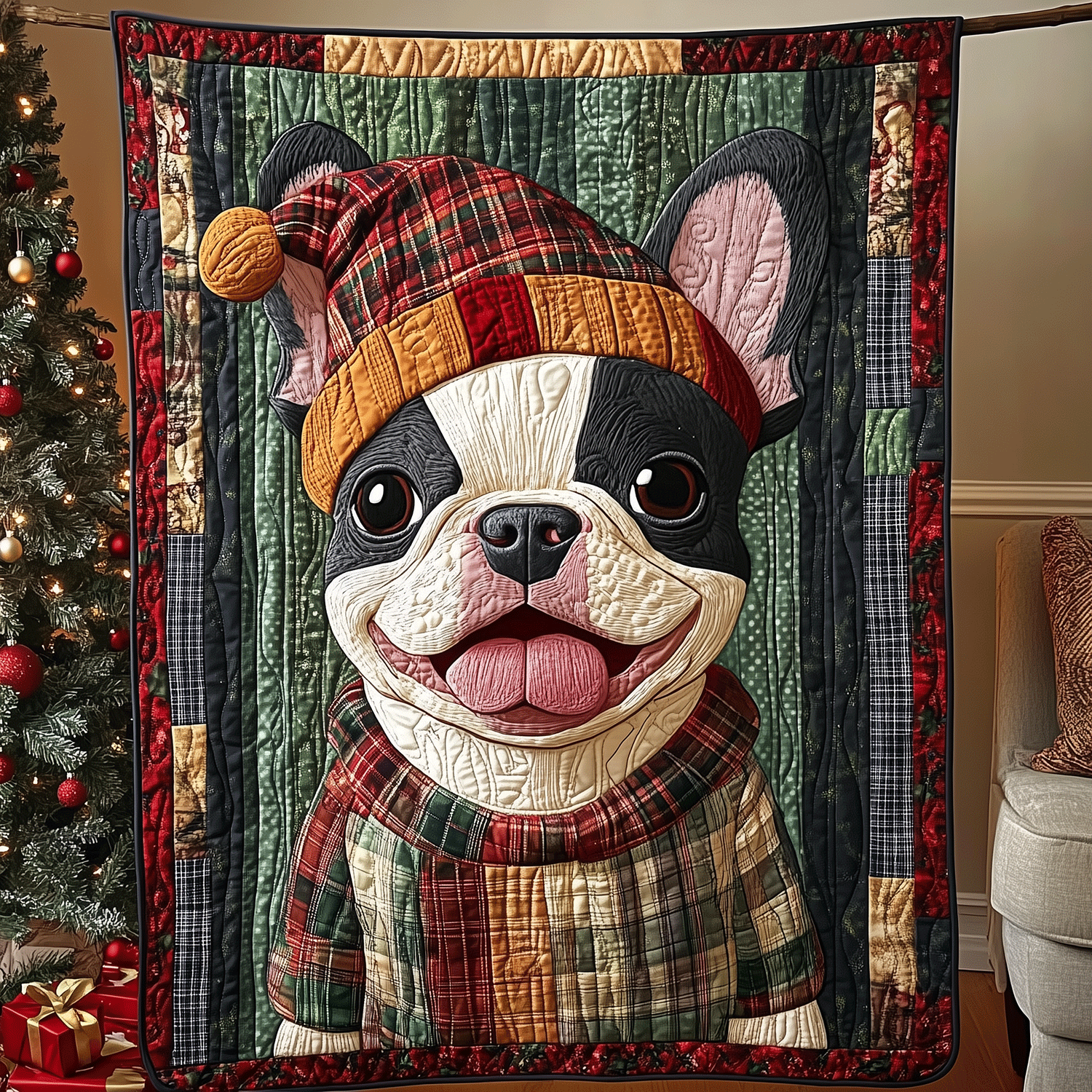 Festive Frenchie Joy Quilted Blanket Aesthetic Christmas Decor For Bedroom Teacher Christmas Gifts