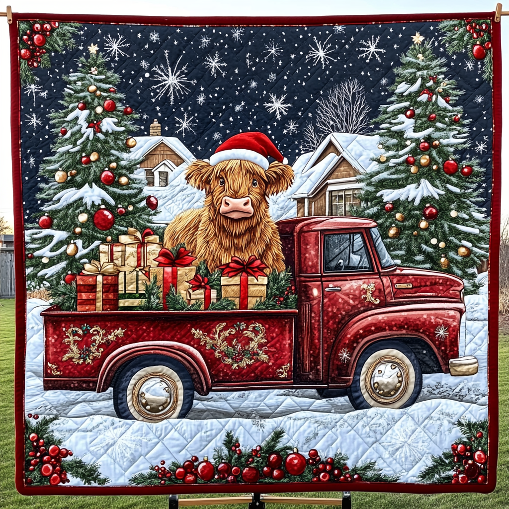 Festive Highland Joy Quilted Blanket Aesthetic Christmas Room Decor Good Christmas Gifts For A Grandma