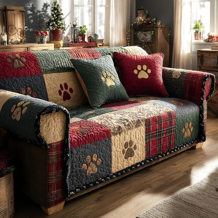 Festive Paw Quilted Sofa Cover Christmas Dog Lover Furniture Protector Best Holiday Pet Lover Gift