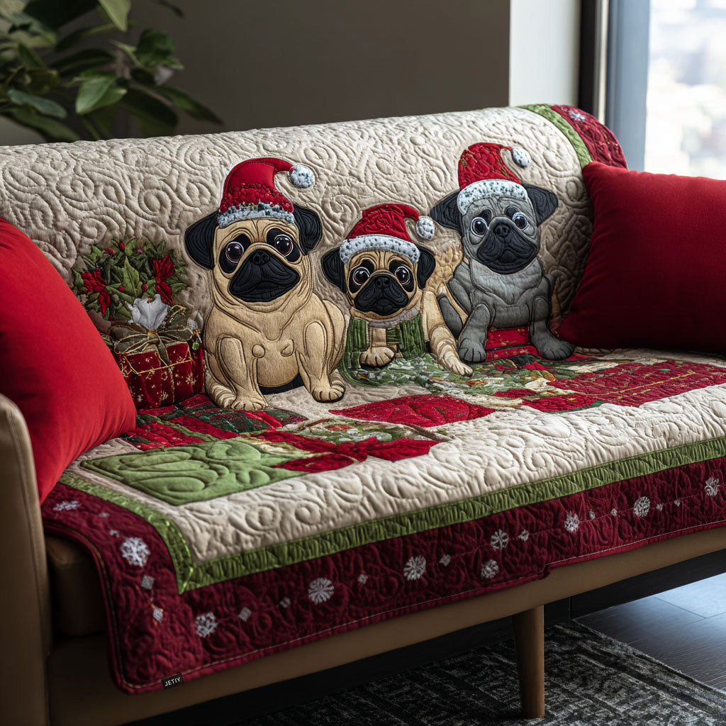 Festive Pug Trio Quilted Sofa Cover Holiday Living Room Decor Cute Themed Dog Gift Ideas