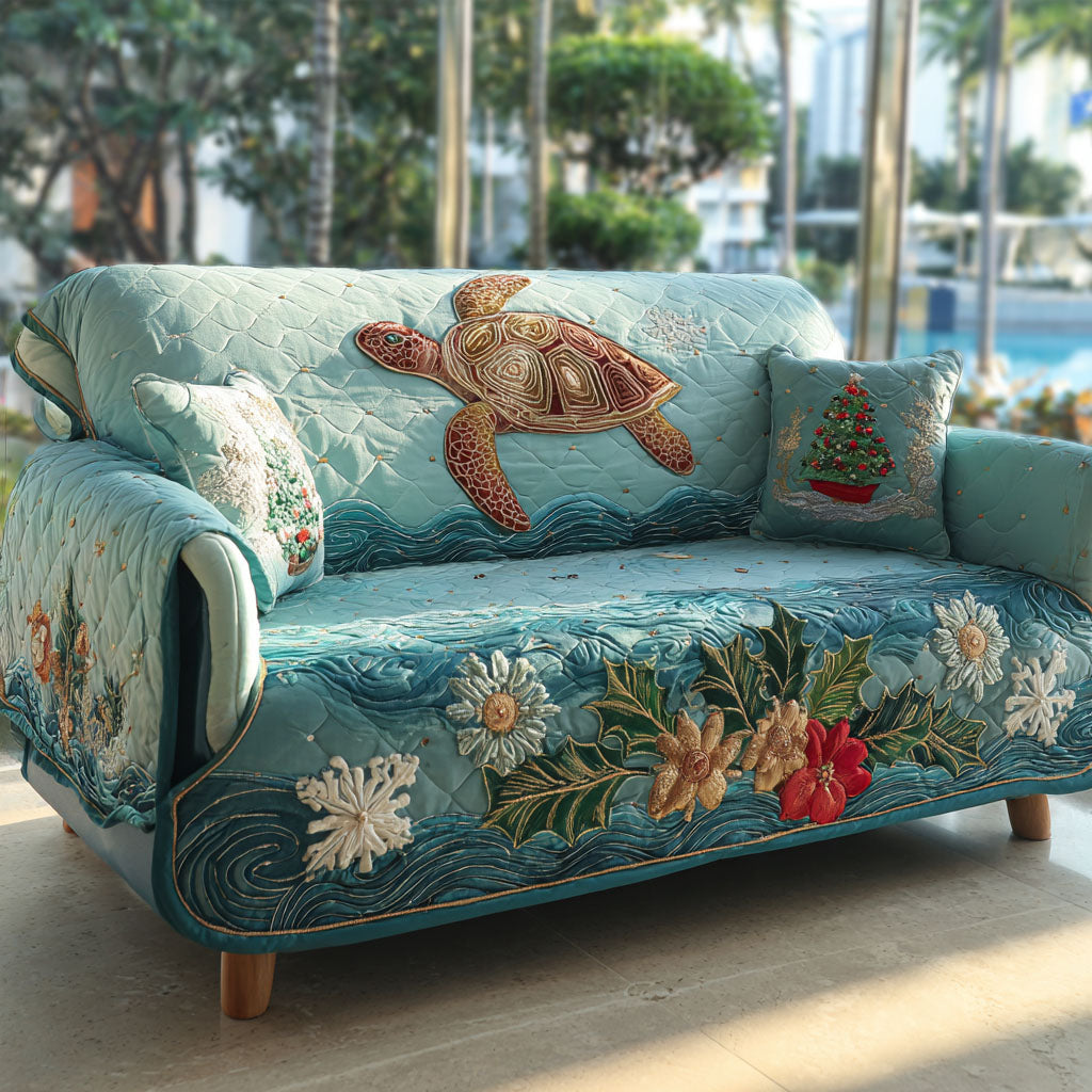 Festive Reef Rider Quilted Sofa Cover Christmas Living Room Decor Sea Turtle Gift Ideas