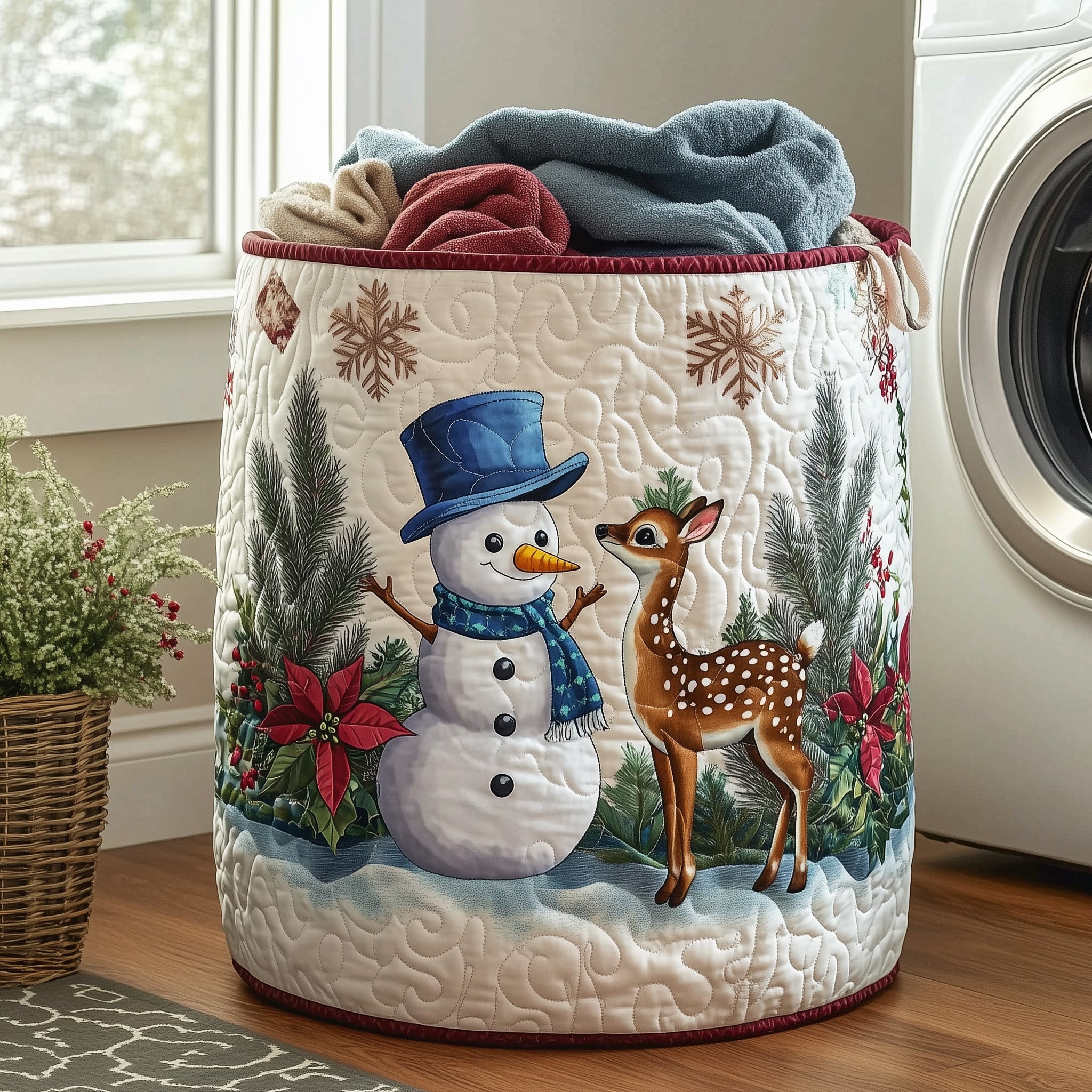 Festive Snowman Quilted Laundry Basket Foldable Fabric Clothes For Deer Fans