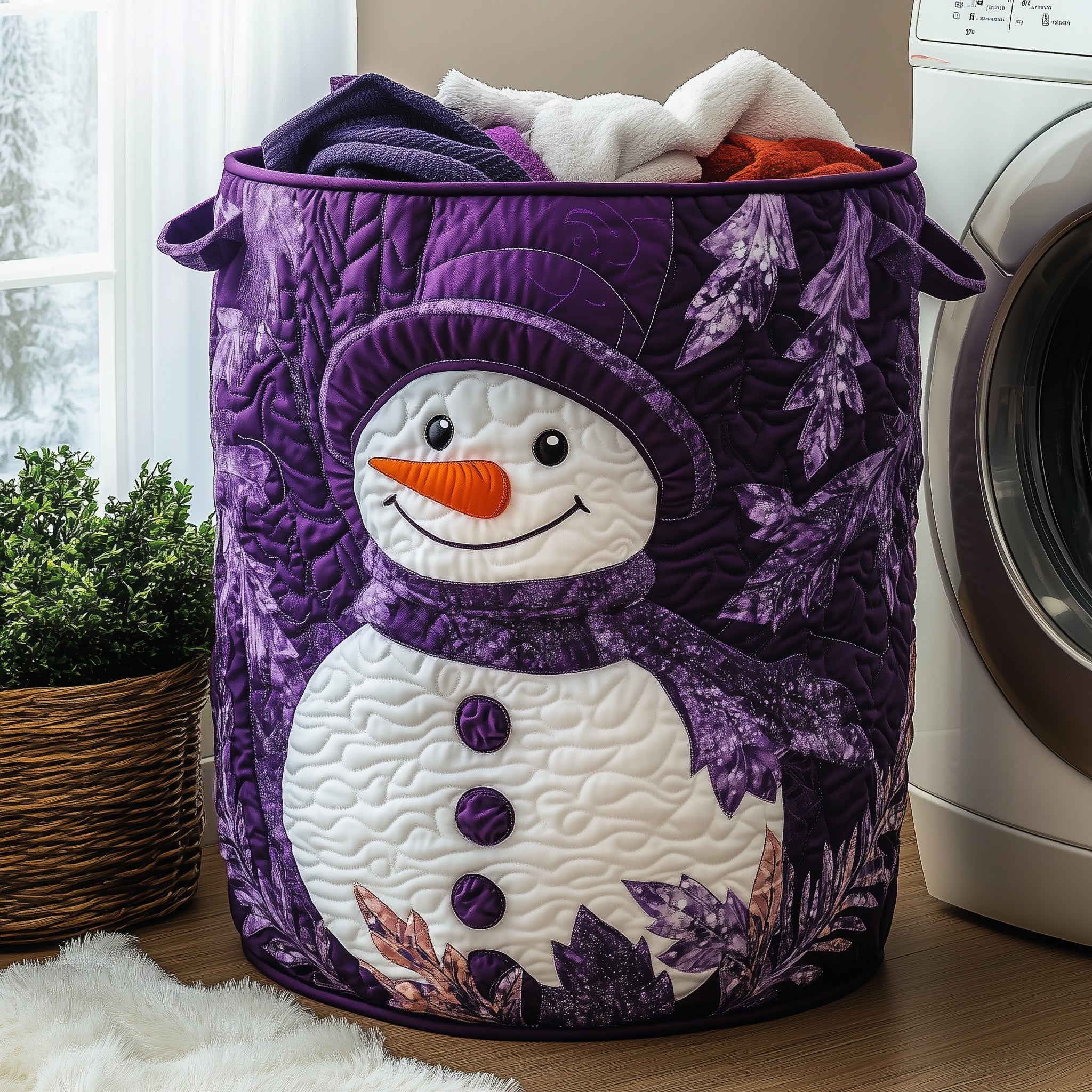 Festive Snowman Quilted Laundry Basket Foldable Fabric Clothes Gift For Mom