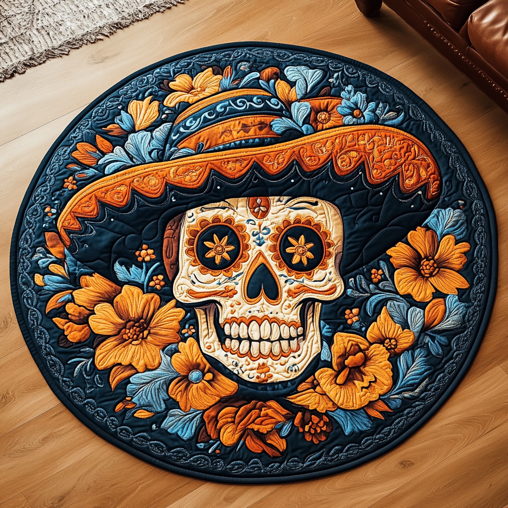 Fiesta Bloom Quilted Round Mat Unique Front Door Decor Personalised Skull Gifts