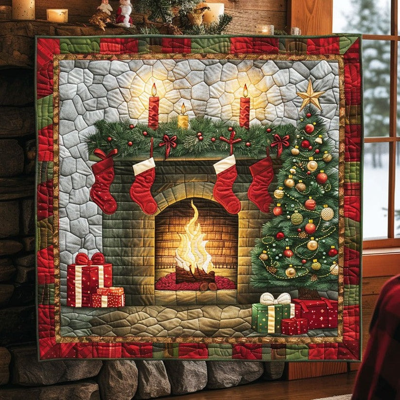 Fireplace And Stocking Christmas Quilt Blanket Warm Xmas Holiday Winter Home Decor