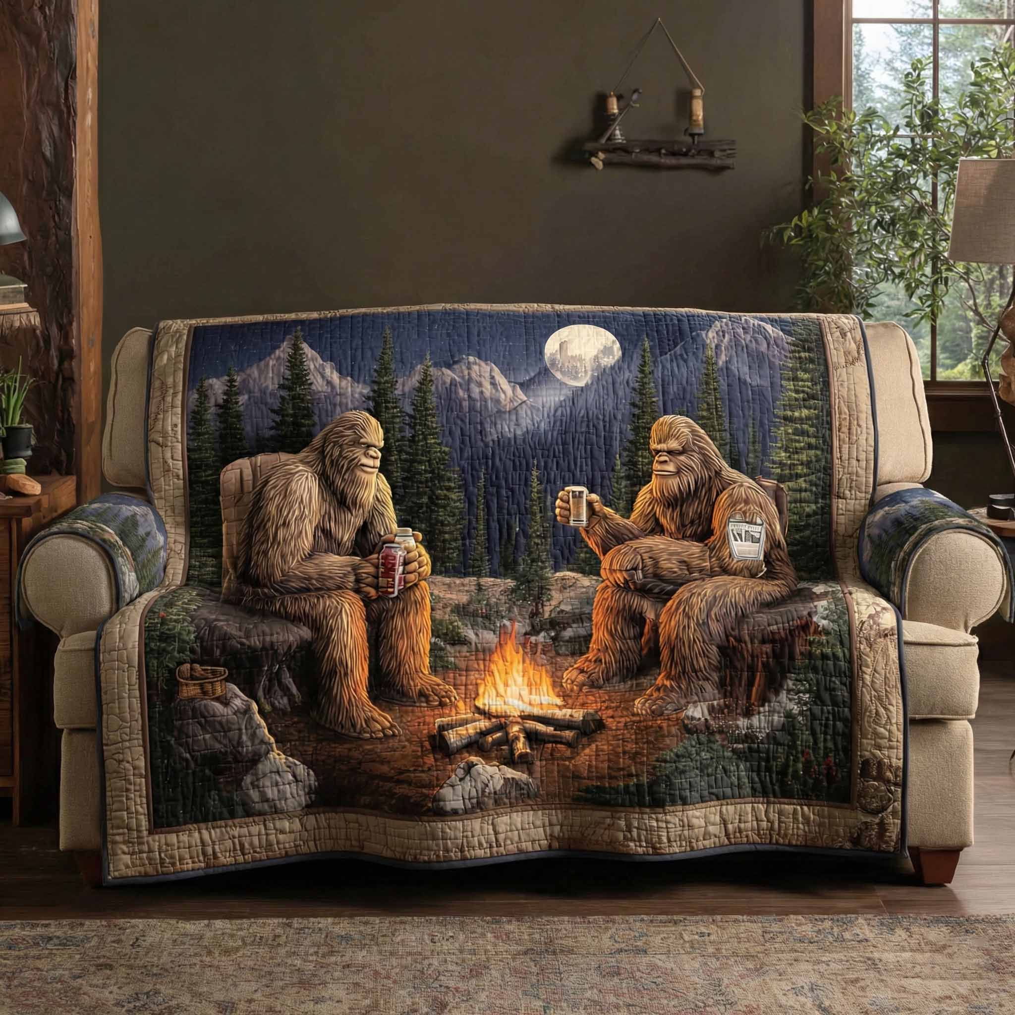 Fireside Myth Quilted Sofa Cover Sofa Couch Slipcover Gifts For Sasquatch Lovers