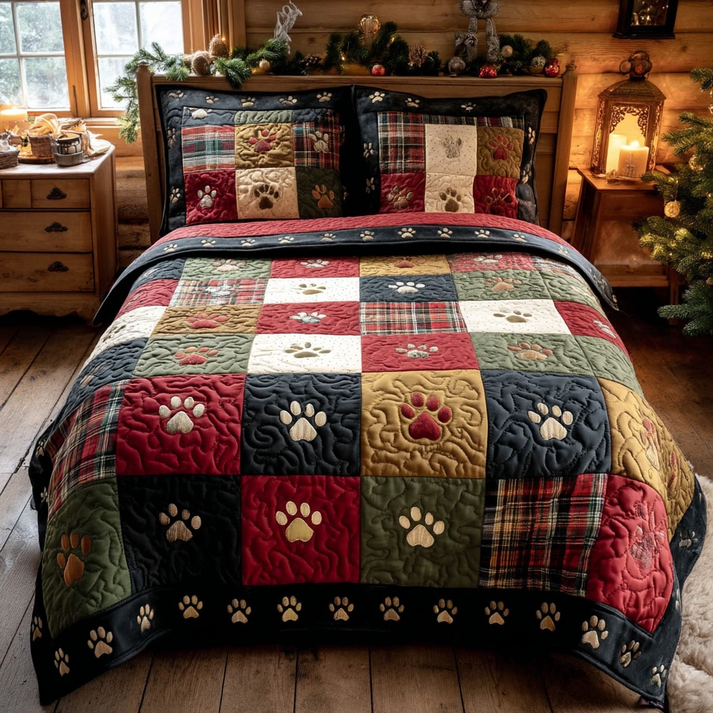 Fireside Paw Tales Quilted Bedding Set Dog Lover Bedroom Decor Best Gift For Dog Owners
