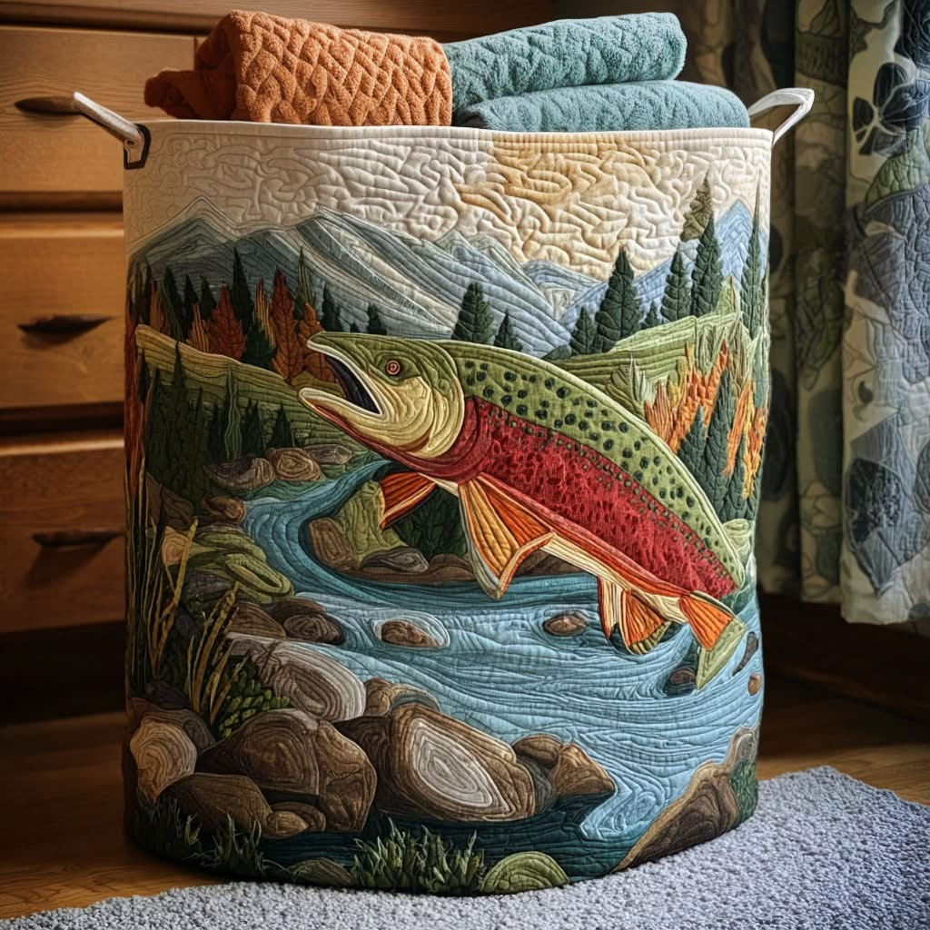 Fishing Mountain Stream Serenity Quilted Laundry Basket Best Hamper Basket Best Fishing Gifts