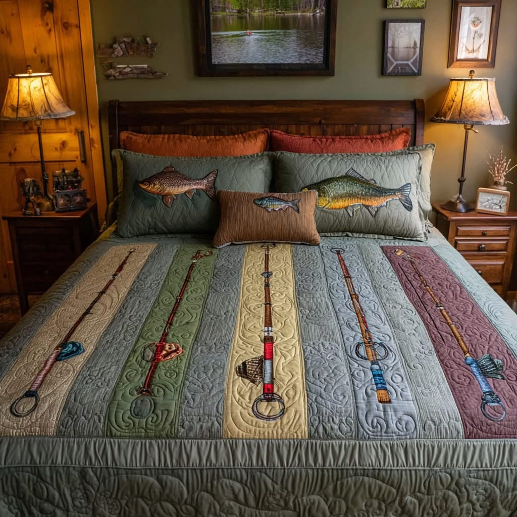 Fishing Rod Reel Rustic Tackle Patch Quilted Bedding Set Father's Day Gifts For Dad Fishers