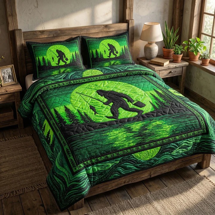 Fishing Trip Quilted Bedding Set Lake Cabin Bedroom Decor Cozy Gift For Fishing Lovers