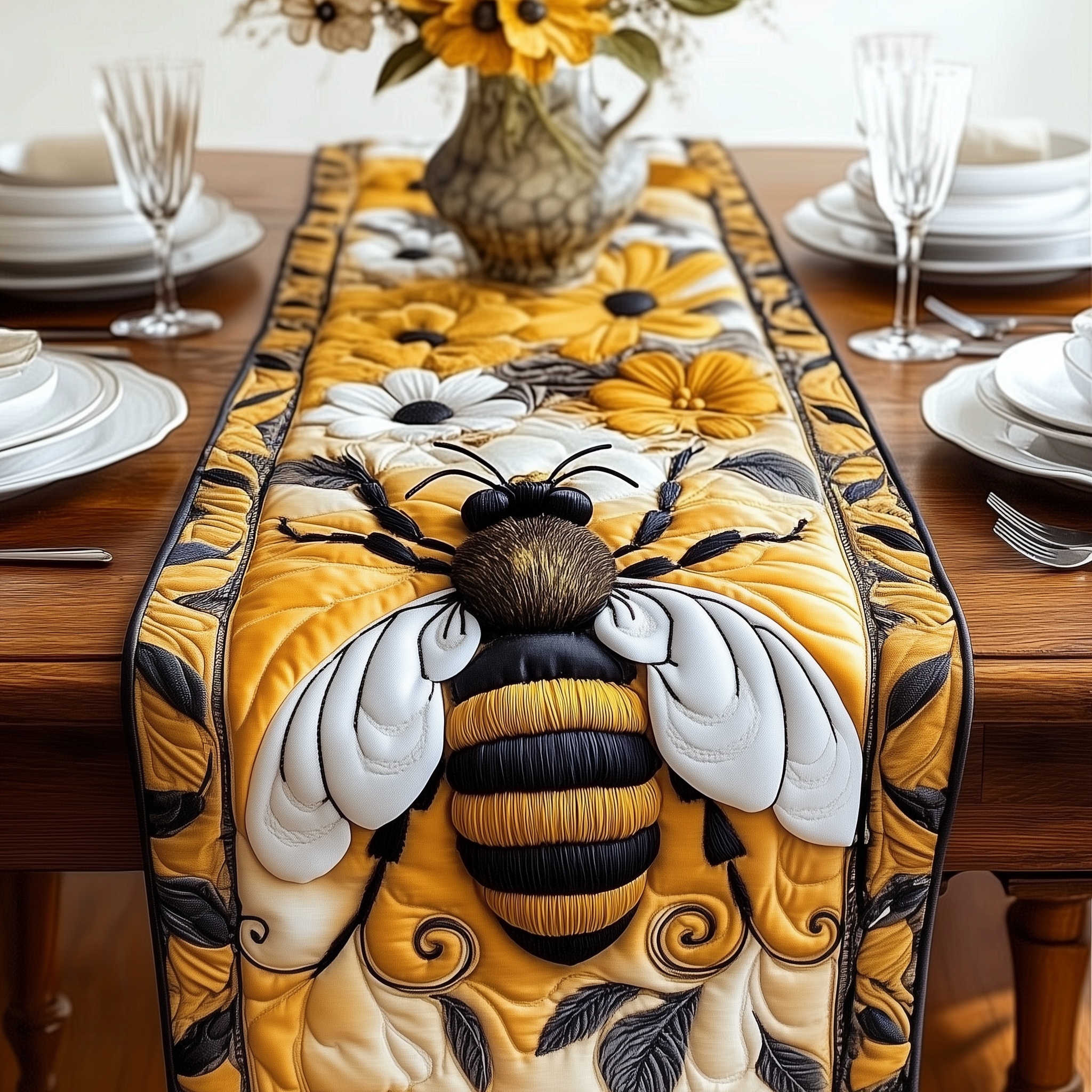 Floral Bee Quilted Table Runner Rustic Kitchen Dining Decor Gift For Cozy Family Home