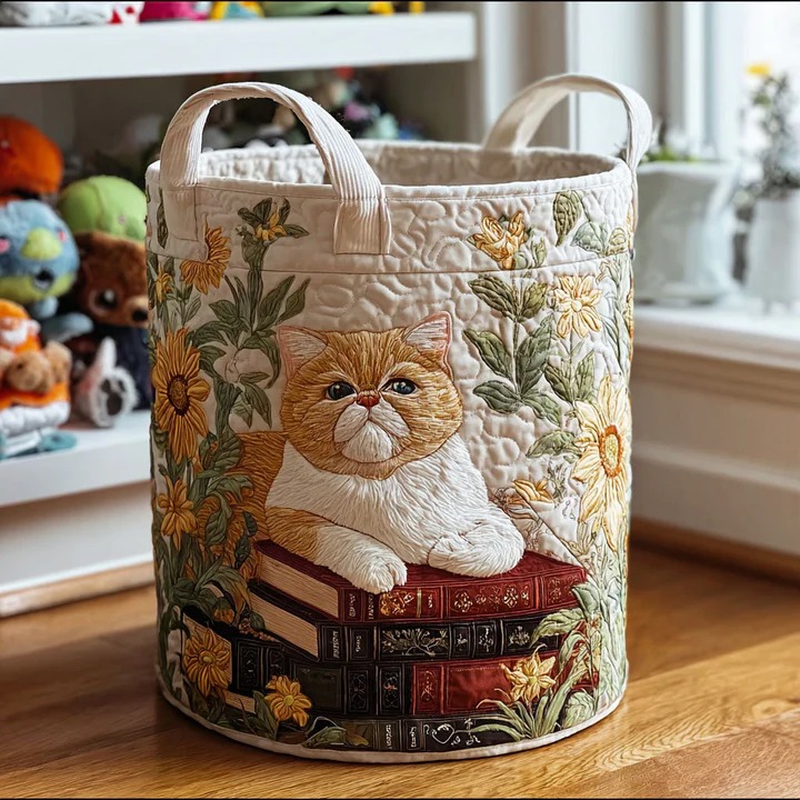 Floral Feline Quilted Laundry Basket Boho Cat Flower Garden Home Decor Gift For Cat Mom
