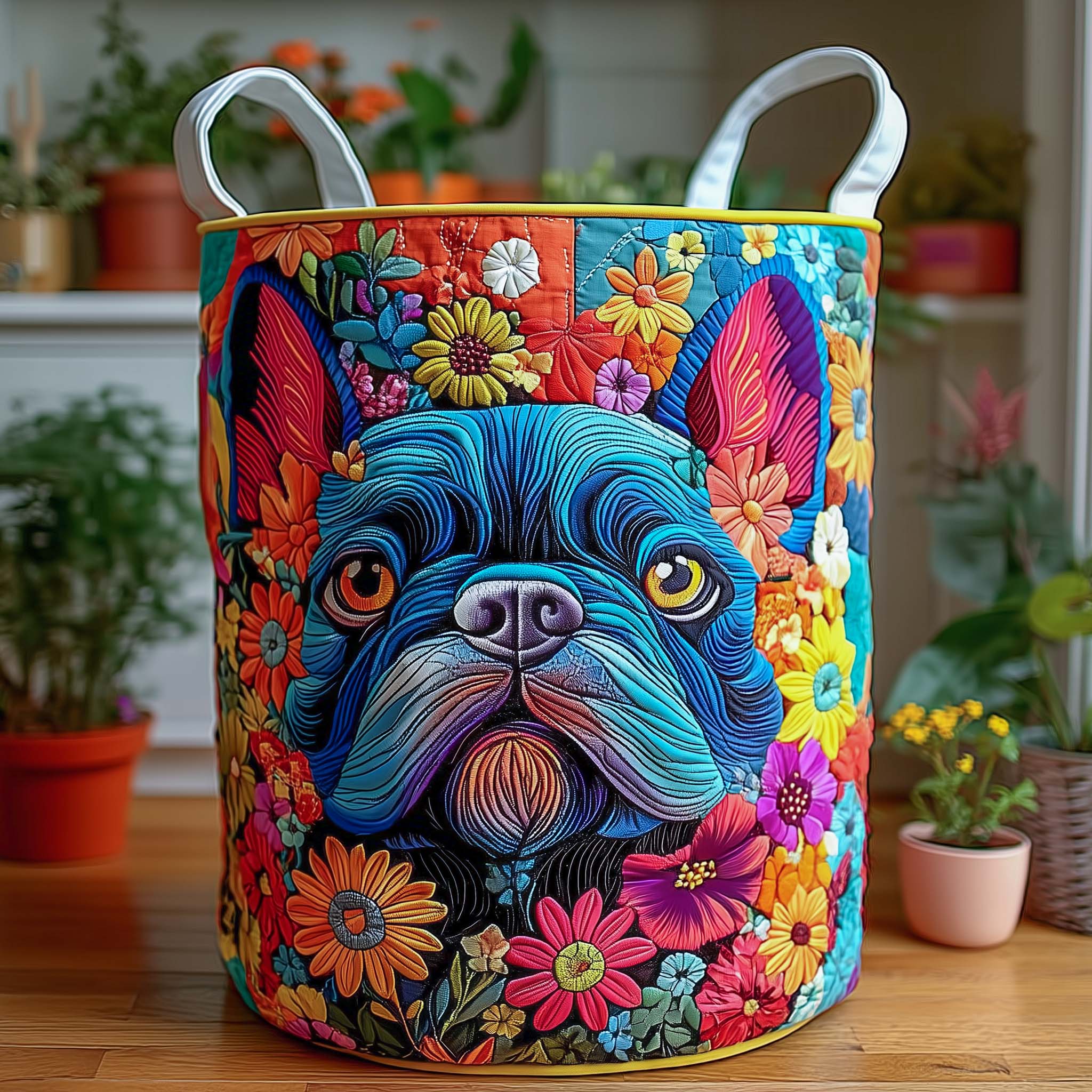 Floral Fiesta Frenchie Quilted Laundry Basket Compact Quilted Laundry Hamper for Small Spaces