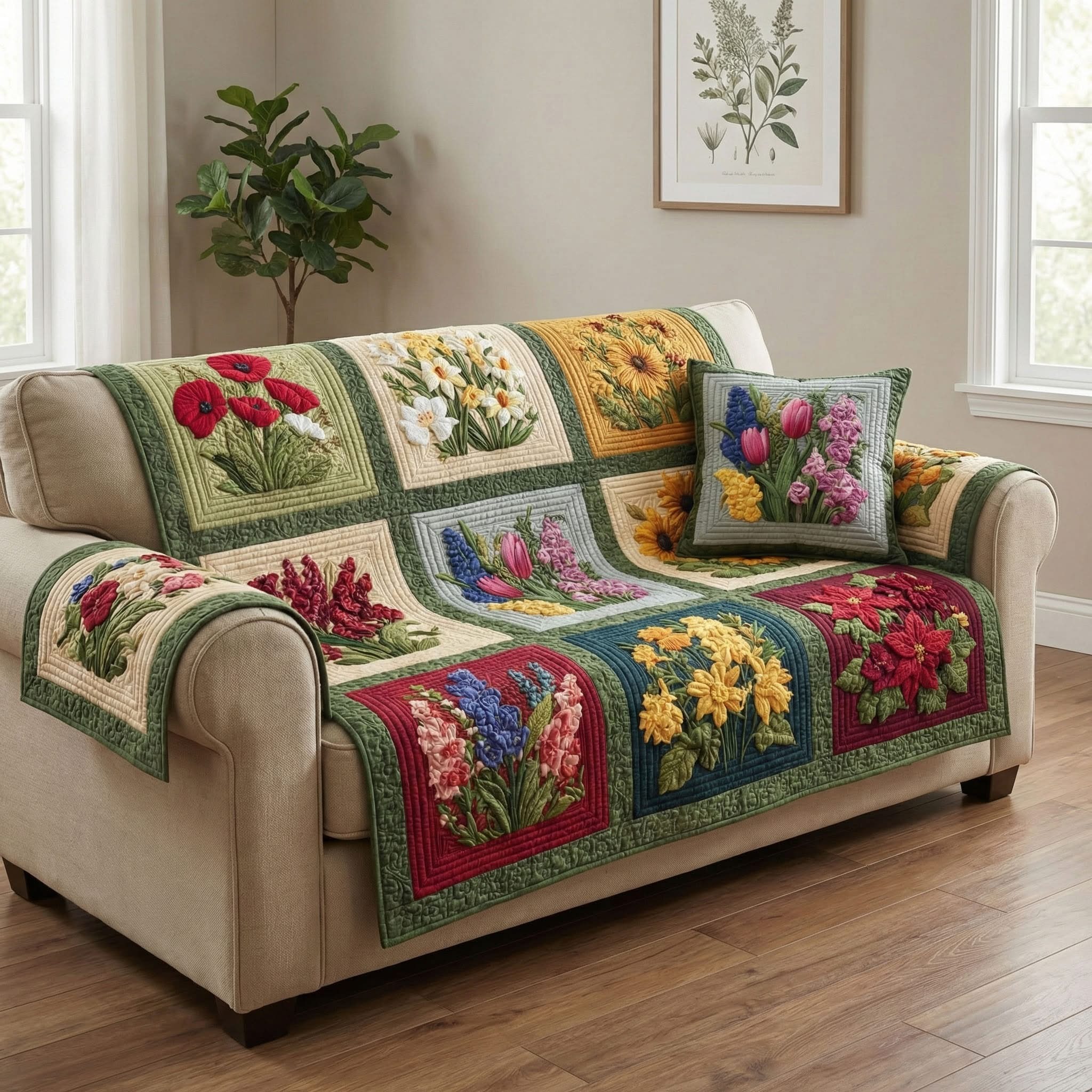 Floral Garden Harvest Quilted Sofa Cover Sofa Protector Cover Living Room Decor Gifts