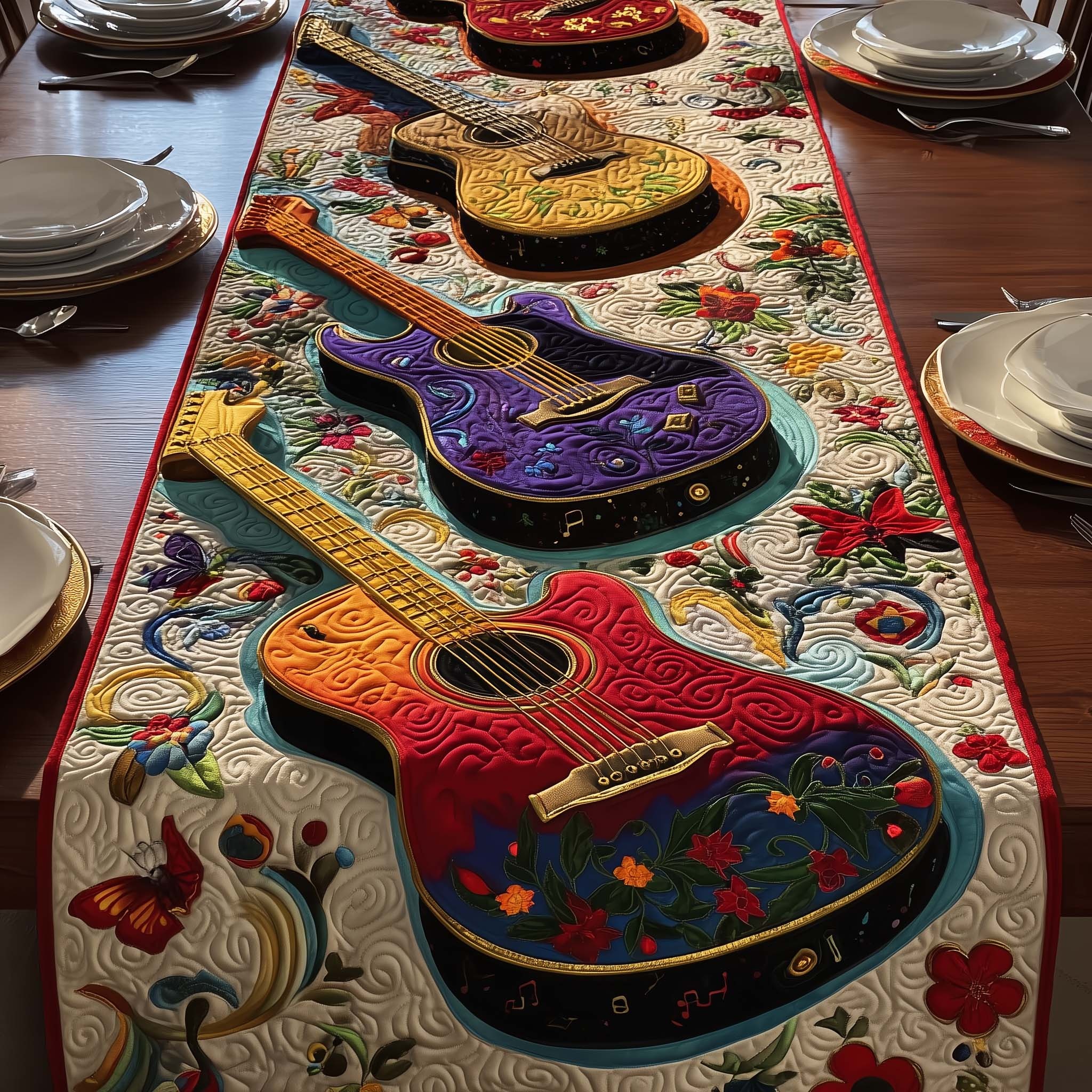 Floral Guitars Quilted Table Runner Rustic Kitchen Dining Decor Gift For Cozy Family Home