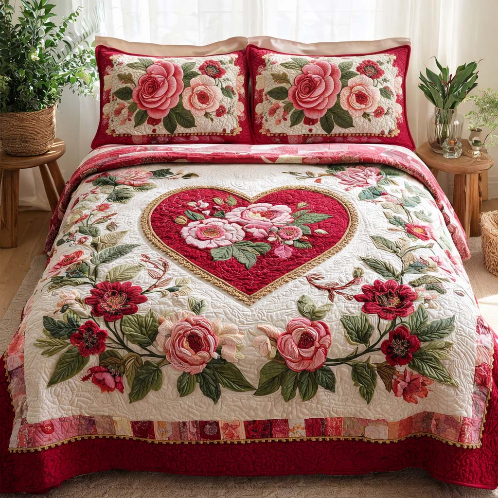 Floral Heart Quilted Bedding Set Romantic Floral Bedroom Decor Best Gift For Couples