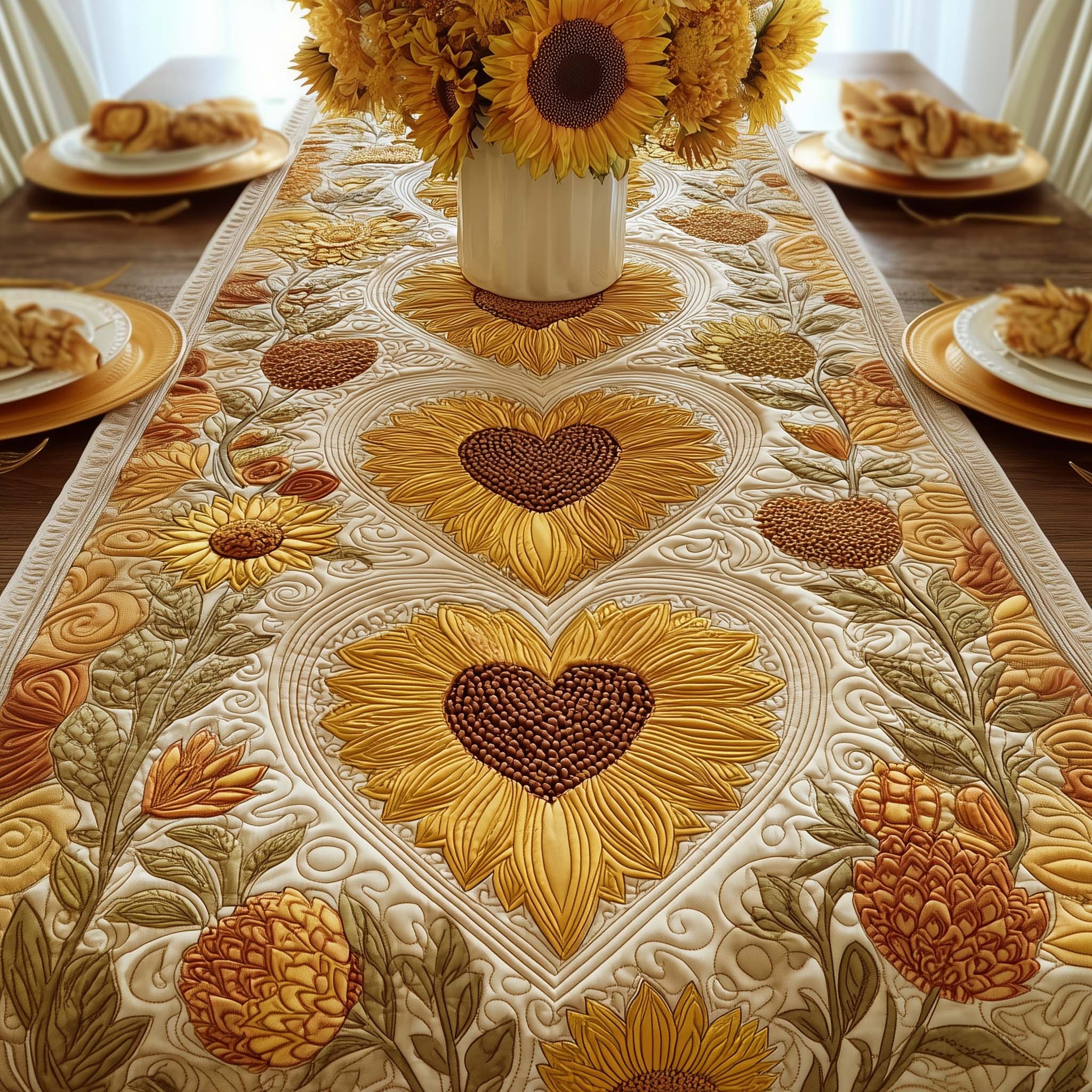 Floral Heart Quilted Table Runner Rustic Kitchen Dining Decor Gift For Cozy Family Home
