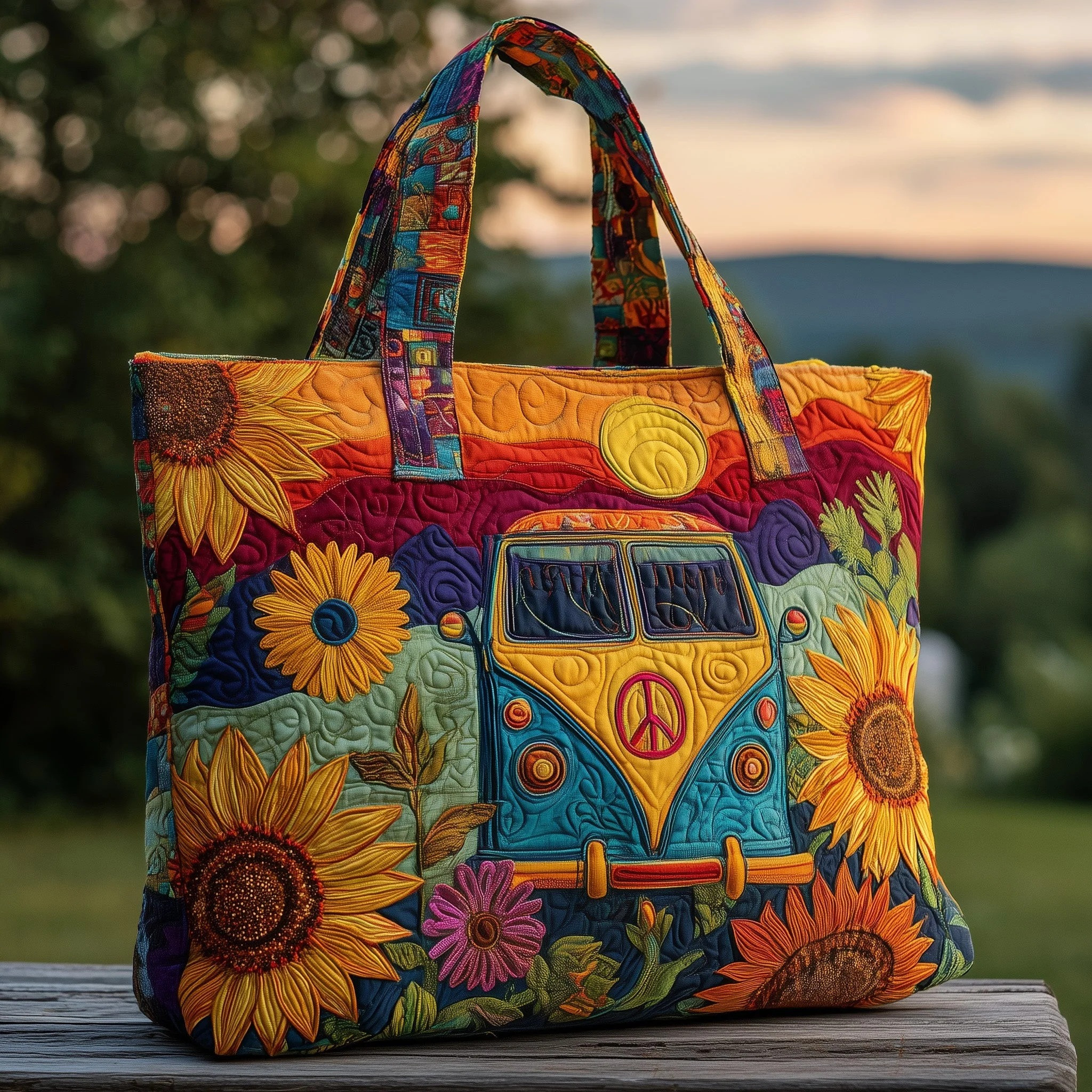 Floral Hippie Van Quilted Tote Bag Pretty Work Bags Unique Gifts Idea For Girlfriend