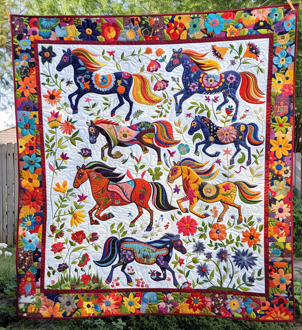 Floral Horse Dance Quilted Blanket Bed Room Art Father's Day Presents For Son